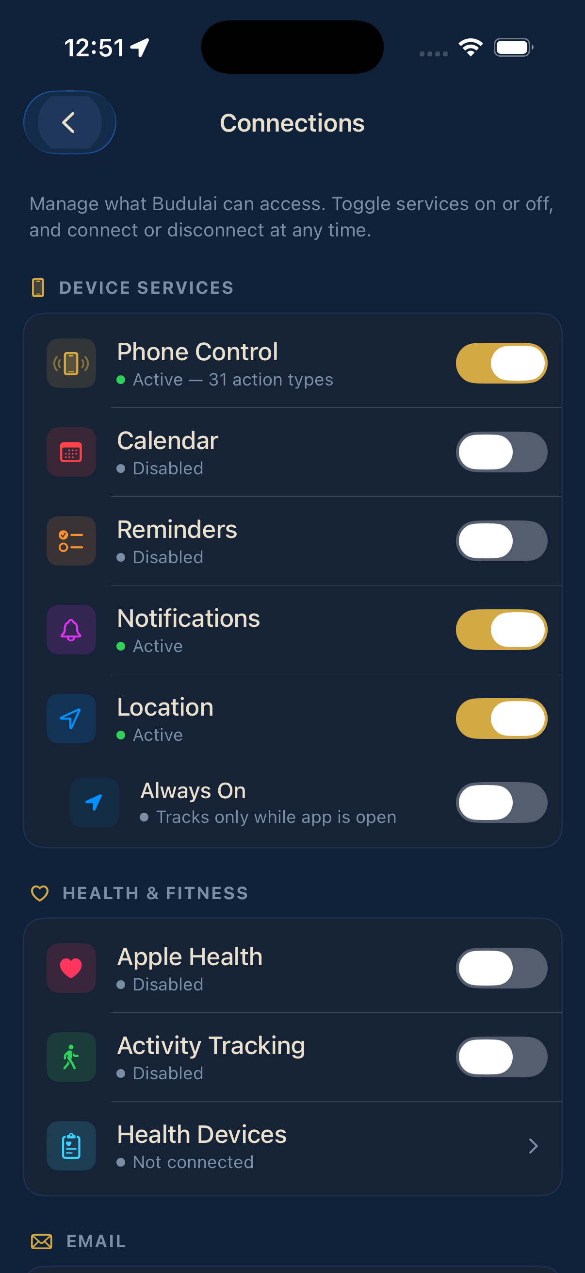 Connections settings with toggles for phone control, calendar, reminders, notifications, location and Apple Health