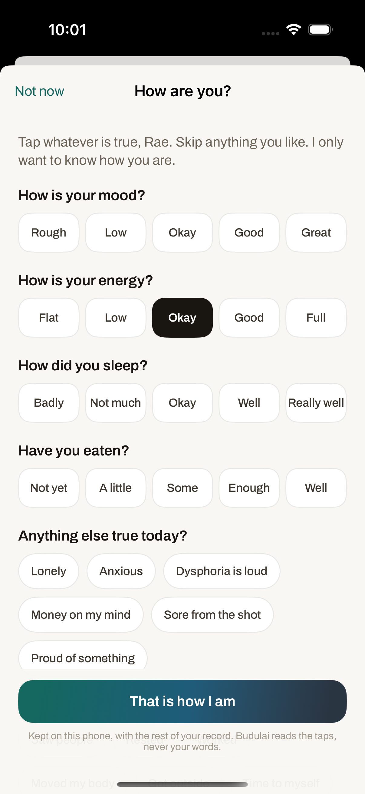 Hormone Helper daily check-in screen