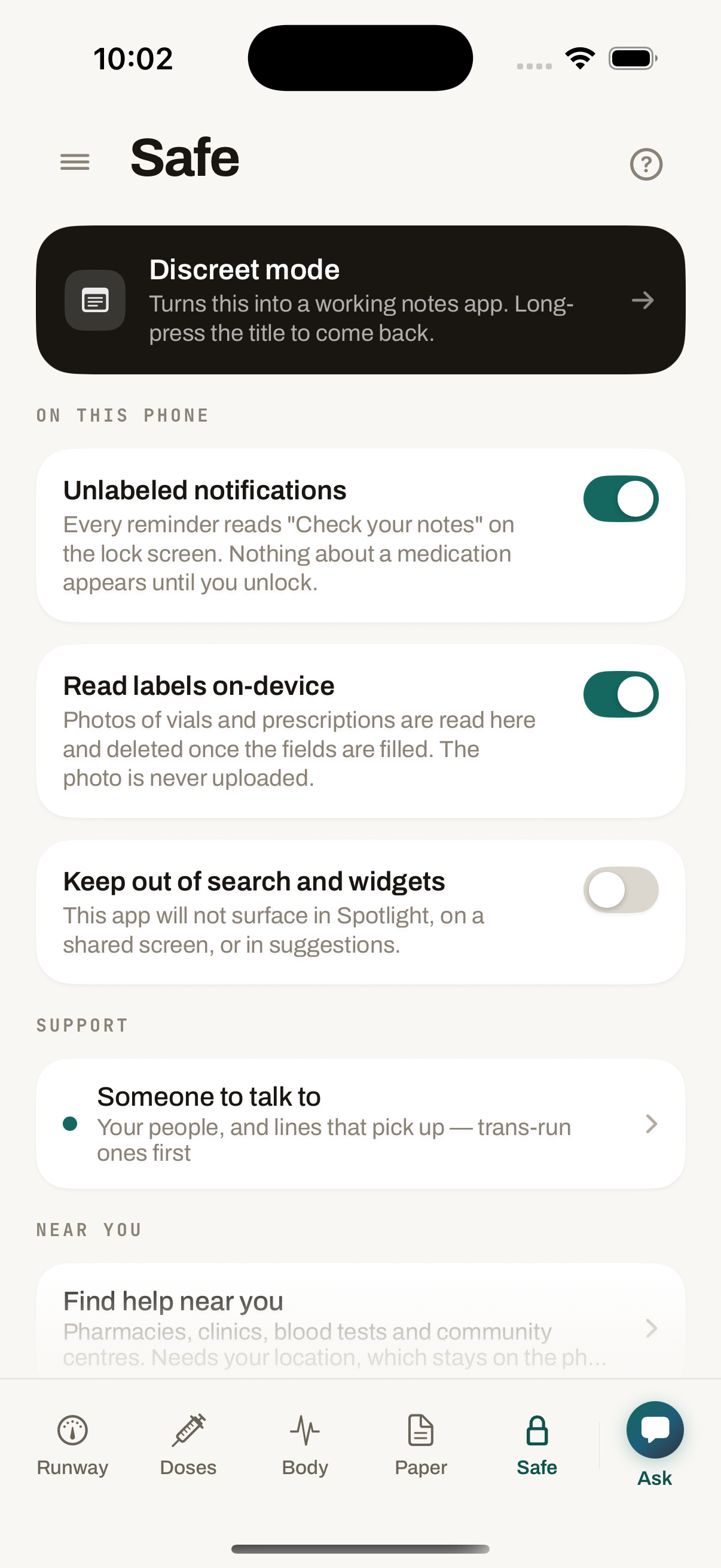 Safe tab with discreet mode, unlabeled notifications and on-device label reading