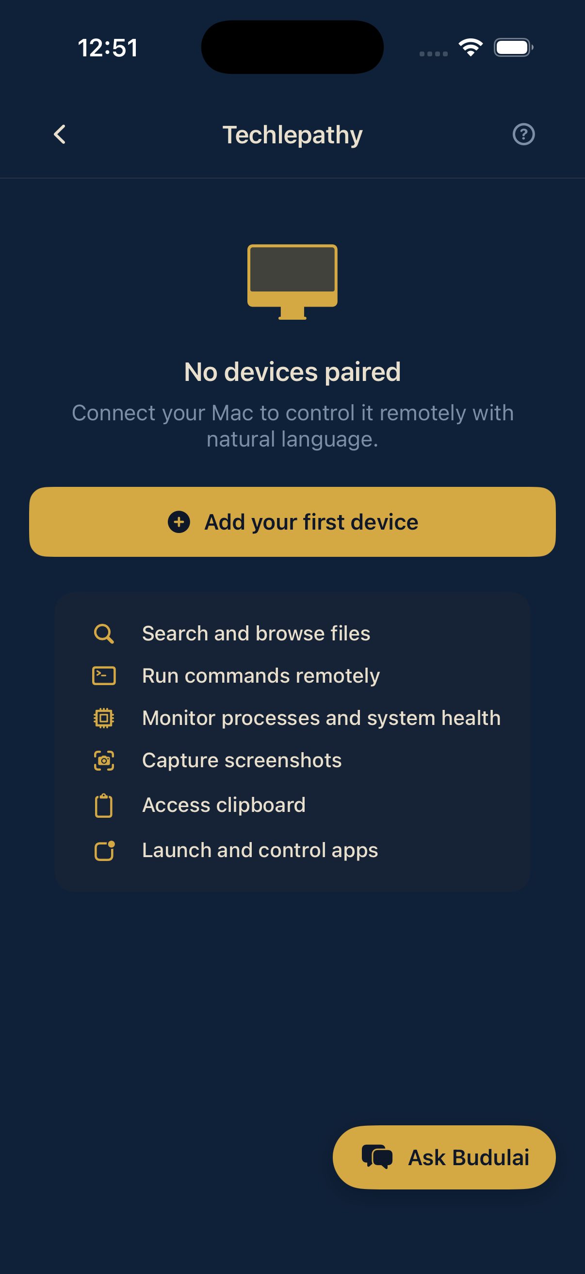 Techlepathy pairing screen listing file search, remote commands, screenshots and app control