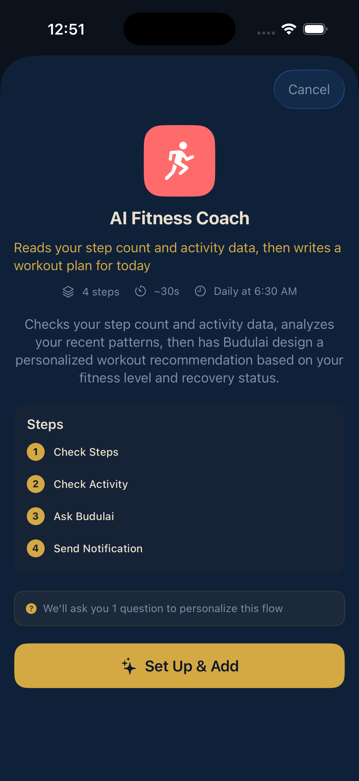 AI Fitness Coach flow with four steps, running daily at 6:30 AM