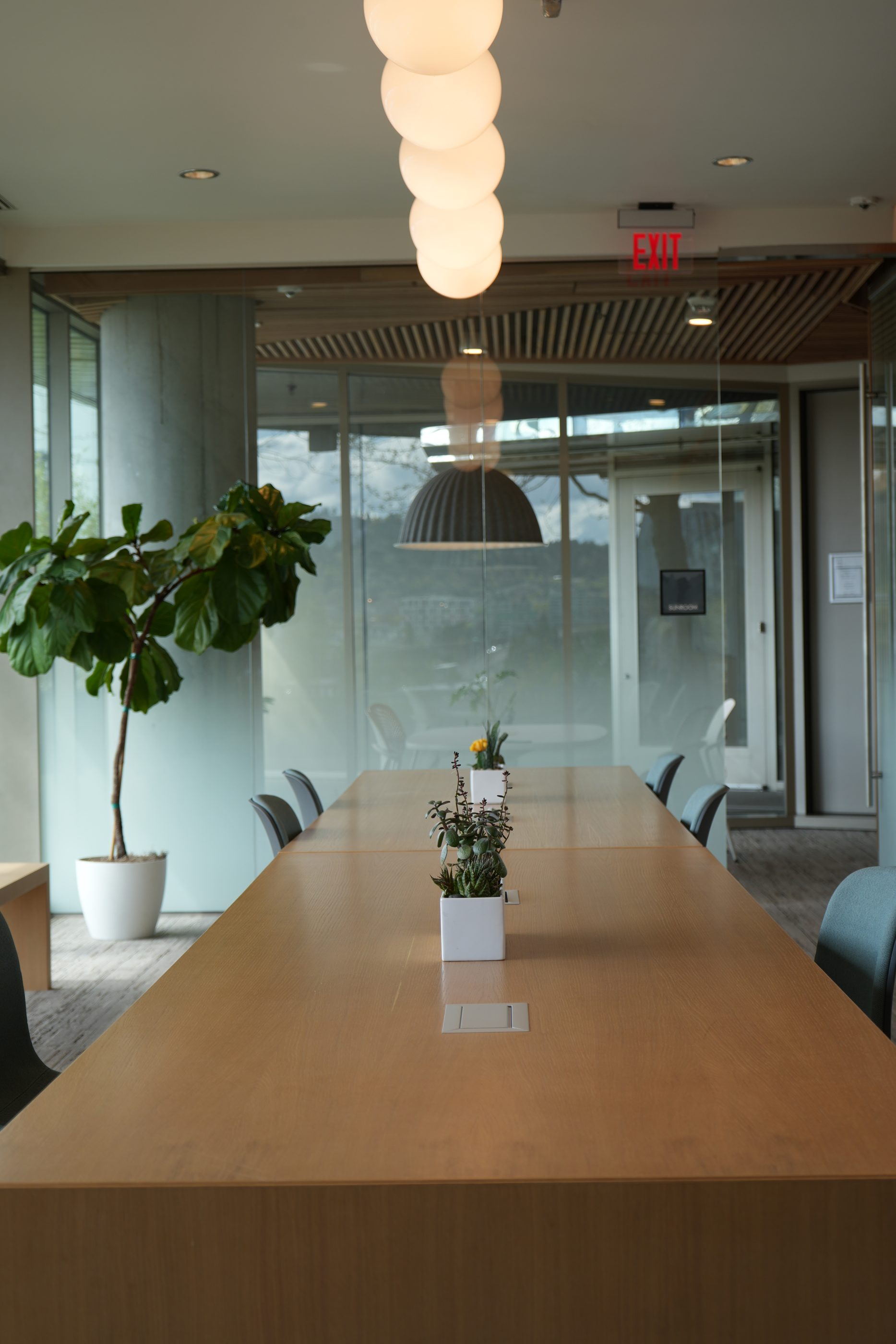 An empty Ravenwood meeting room with a long table and plants