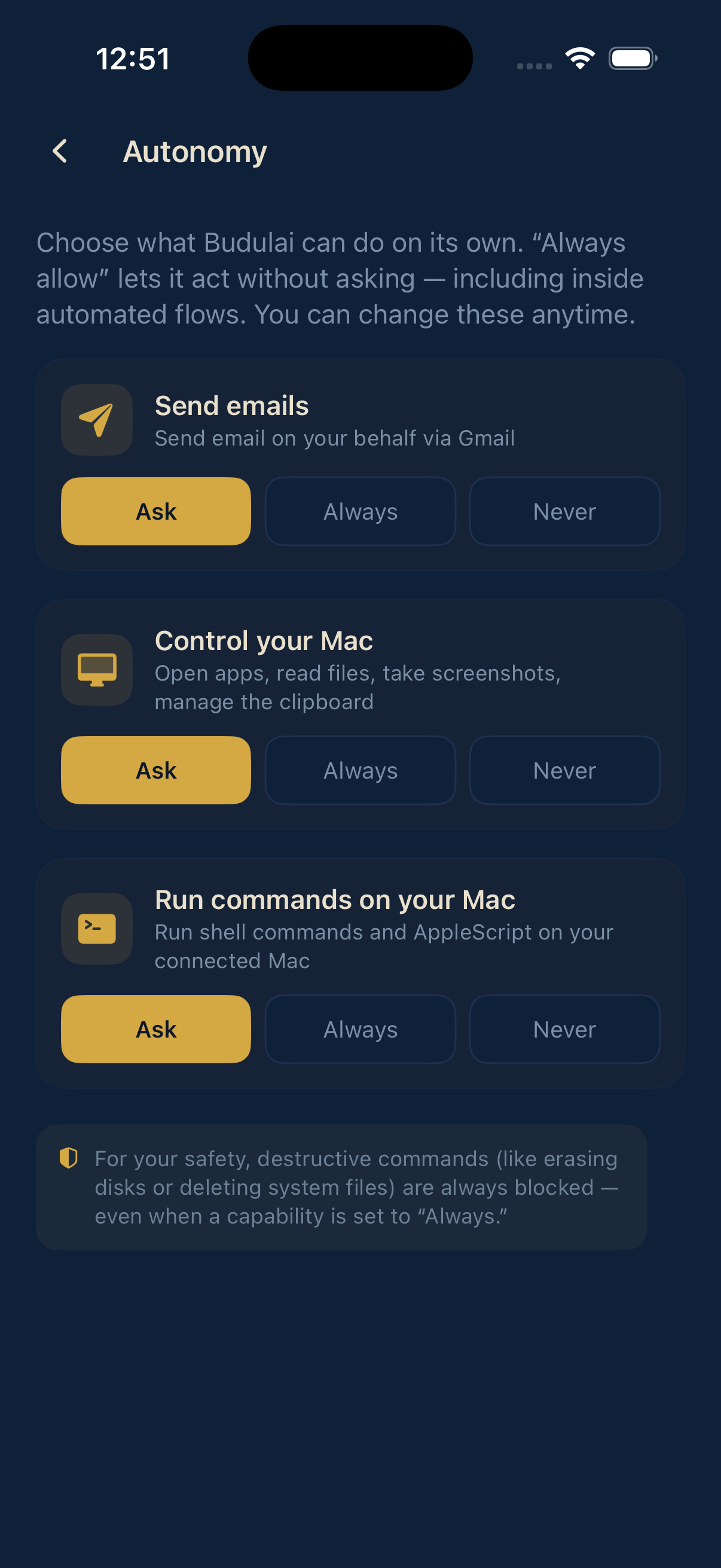 Autonomy settings with ask, always and never for sending email, controlling the Mac and running shell commands