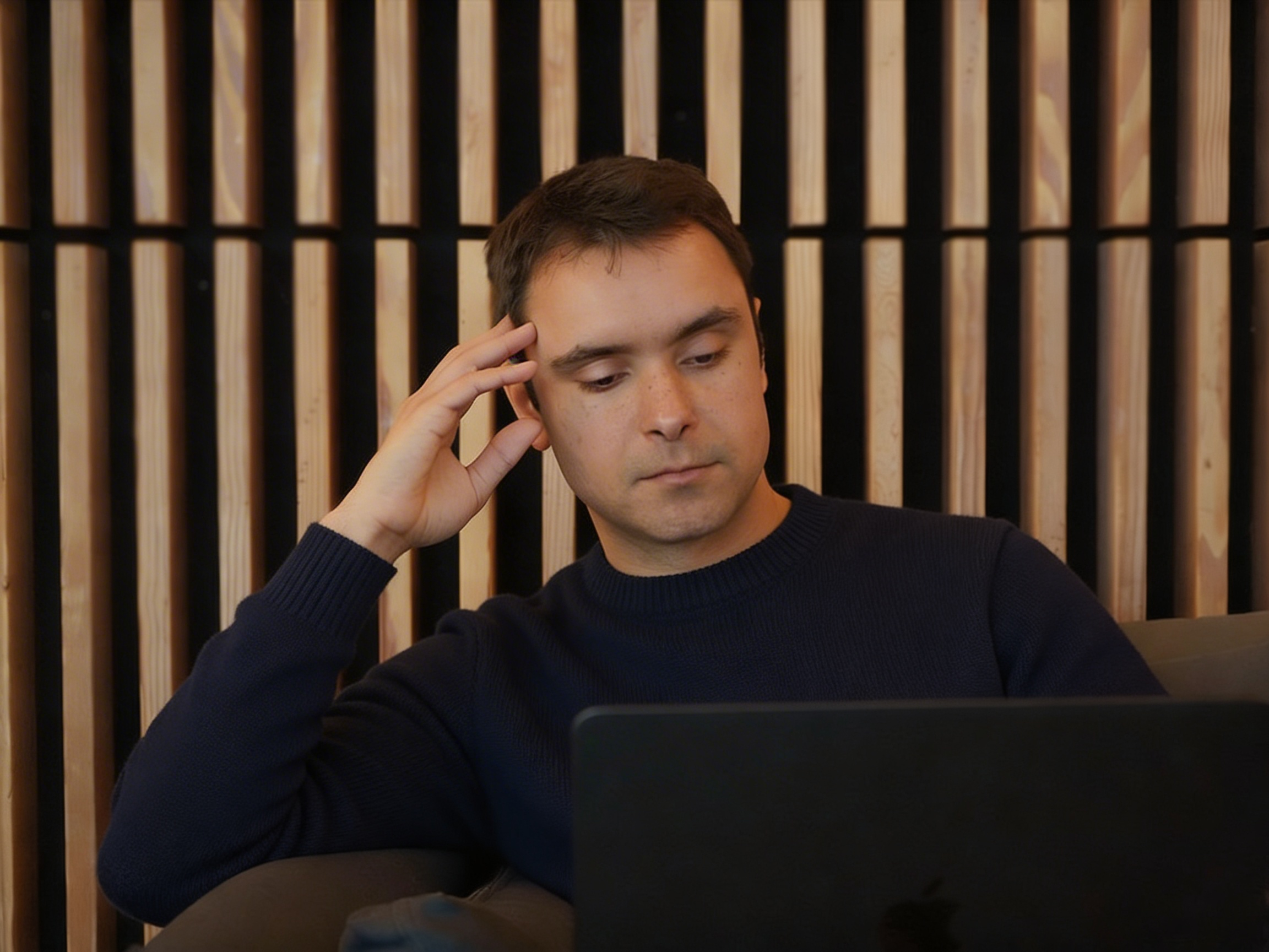 A Ravenwood engineer working at a laptop against a slatted wood wall