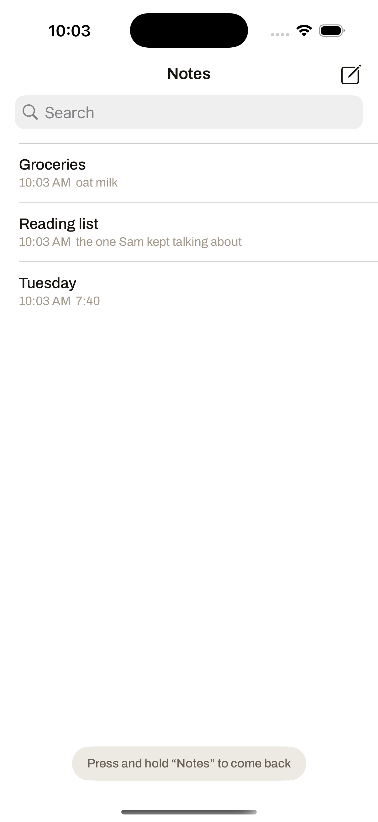 Discreet mode showing a working notes app