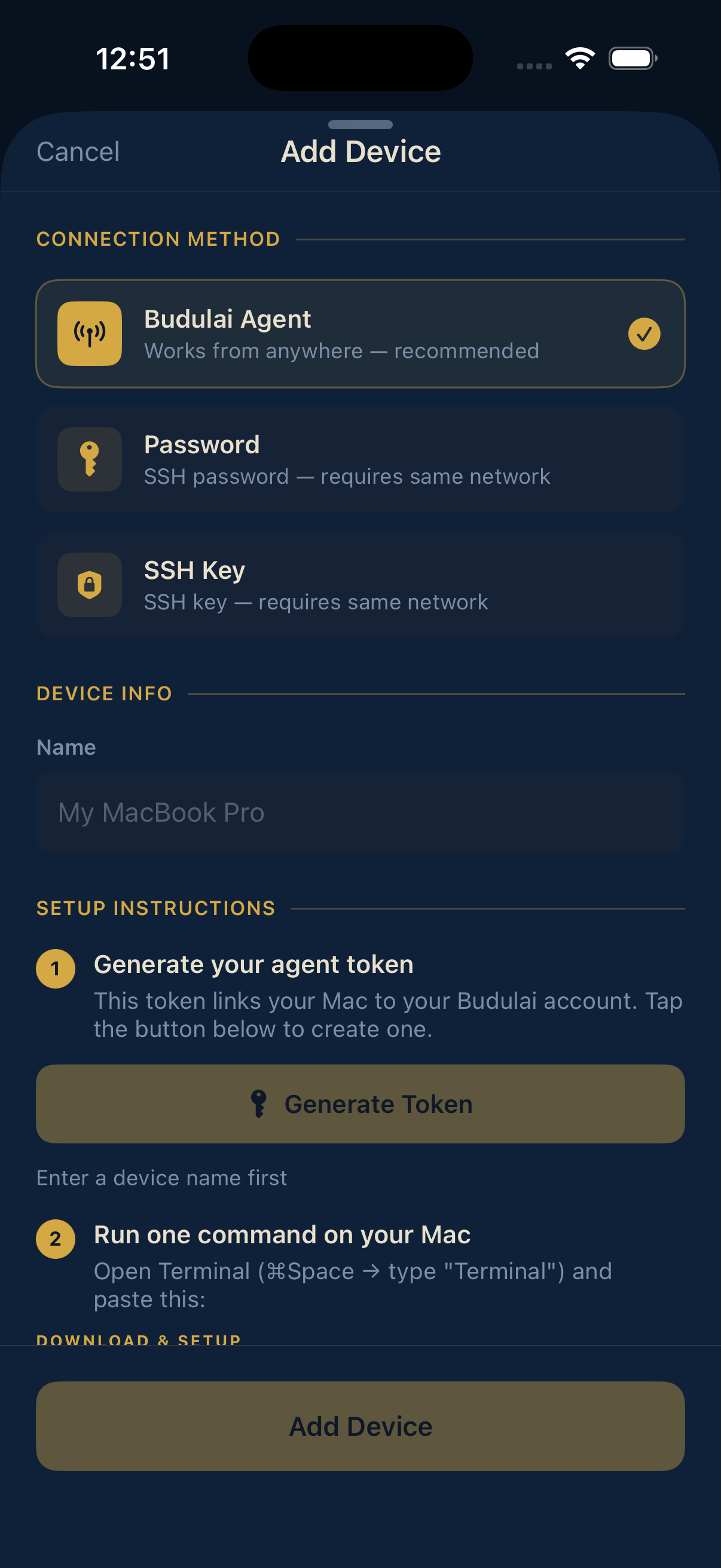 Add Device screen with Budulai Agent, password and SSH key connection methods