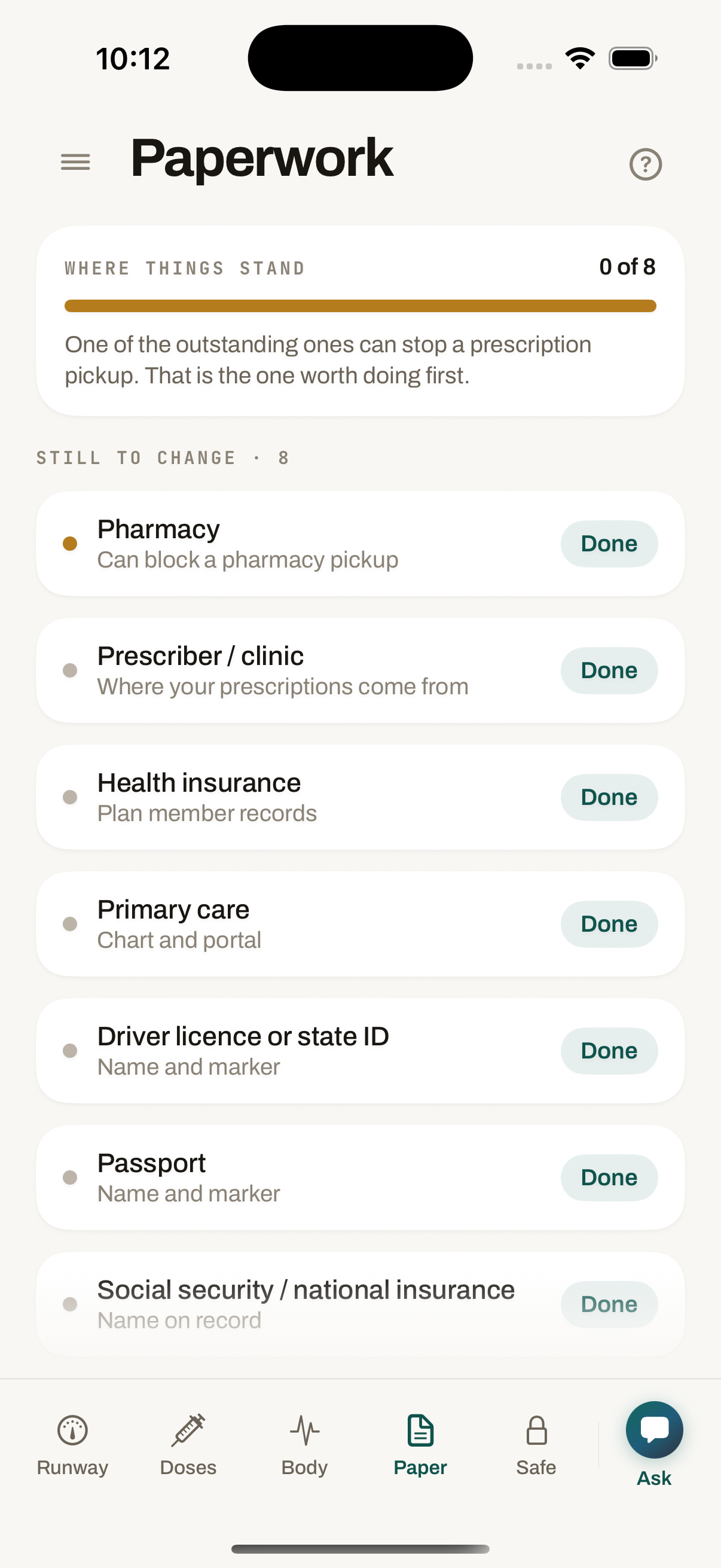 Paperwork tab listing eight institutions still holding the old name, pharmacy first