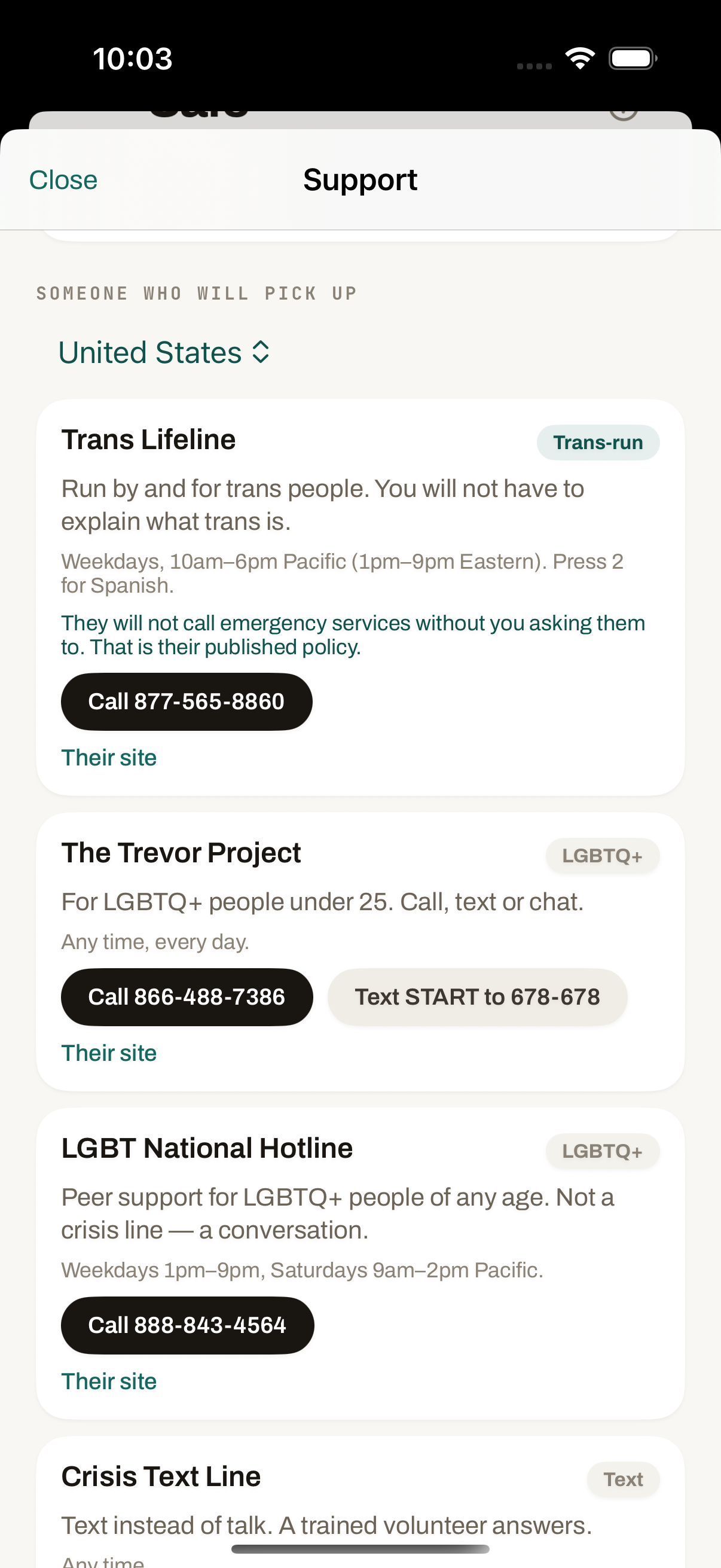 Support screen listing trans-run and LGBTQ+ helplines