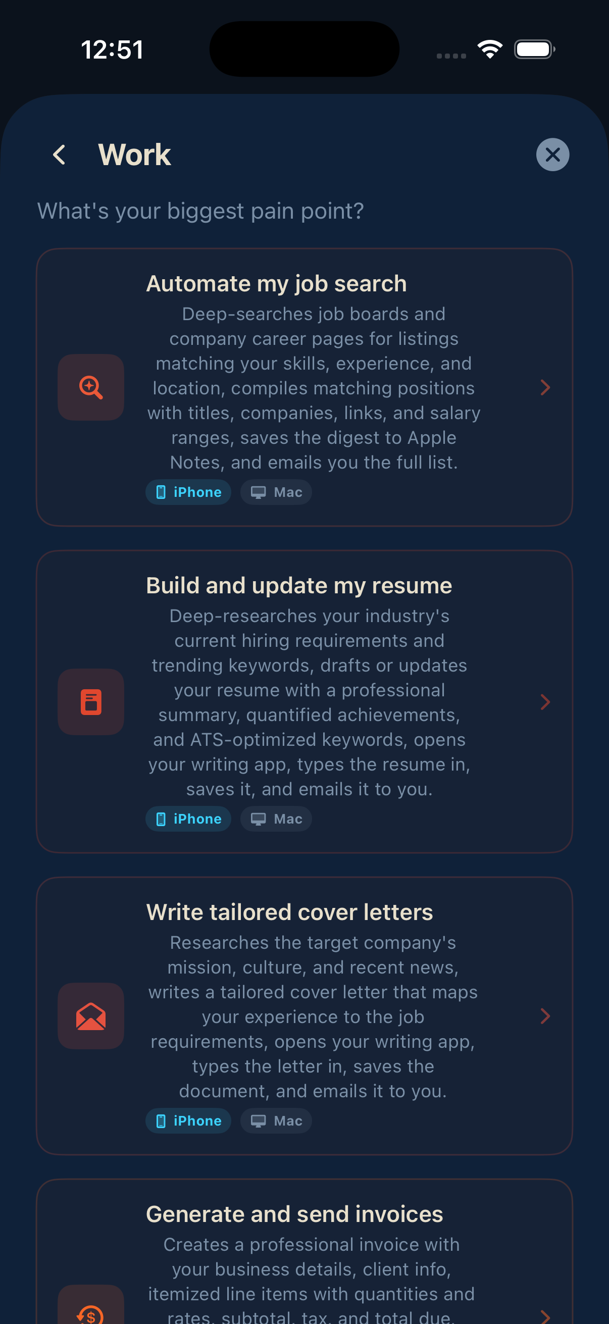 Work flows: automate job search, build a resume, write cover letters, send invoices